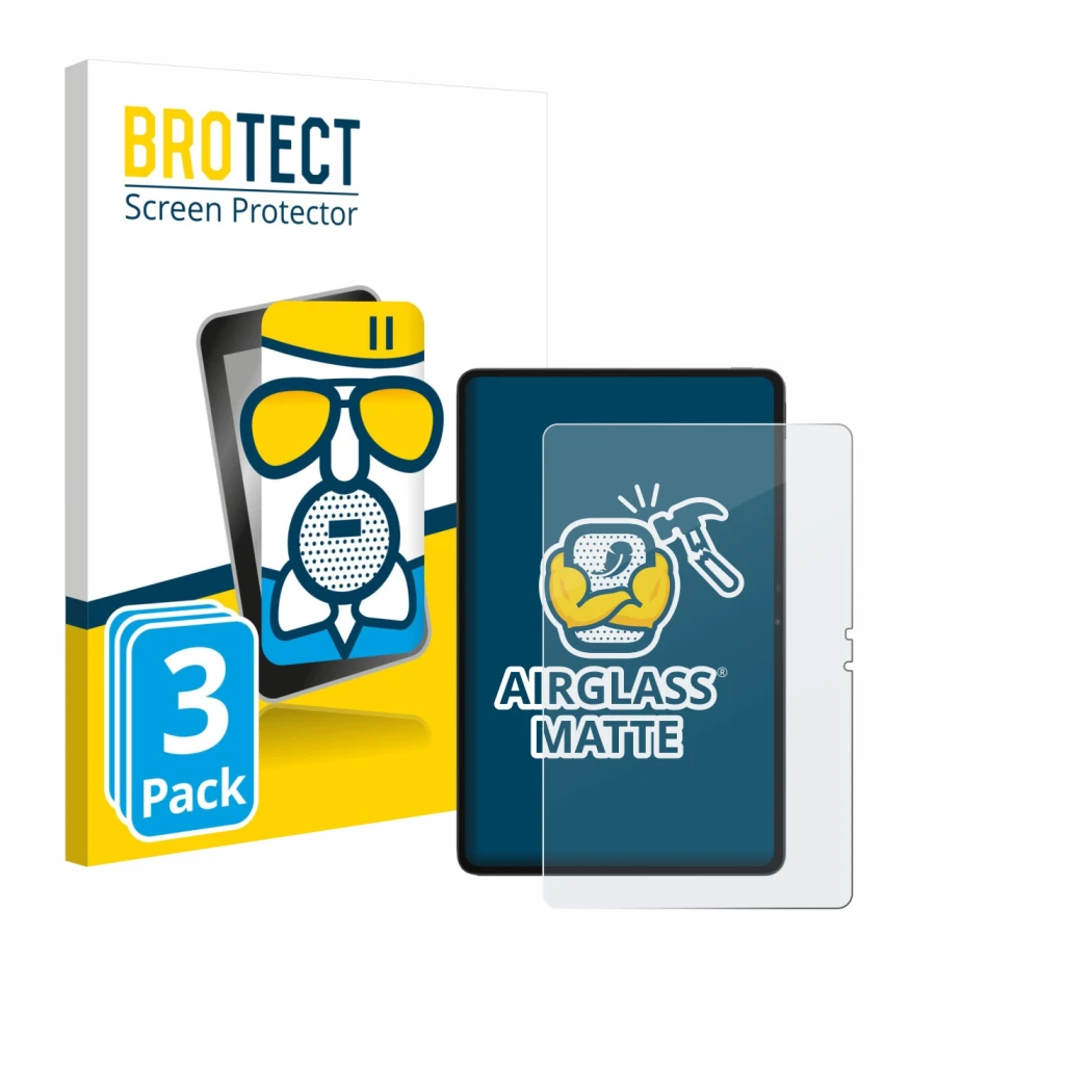 Front side of a product packaging with the brand logo BROTECT. Next to it is the device Blackview MEGA 3 shown with the corres