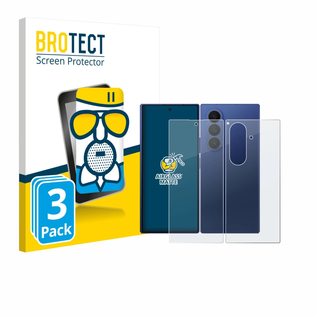 Front side of a product packaging with the brand logo BROTECT. Next to it is the device Samsung Galaxy Z Fold 7 (Front+Back) s