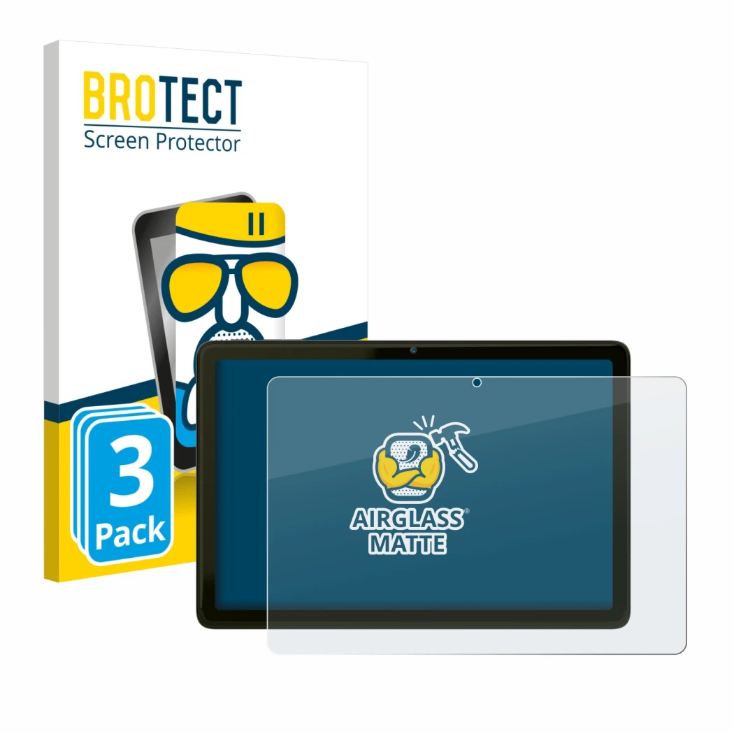 Front side of a product packaging with the brand logo BROTECT. Next to it is the device VALE Tablet V10A shown with the corres
