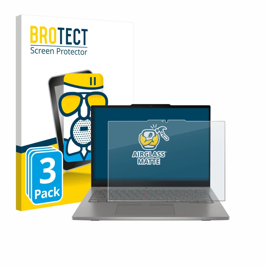 Front side of a product packaging with the brand logo BROTECT. Next to it is the device Lenovo ThinkPad L13 2-in-1 Gen 6 shown