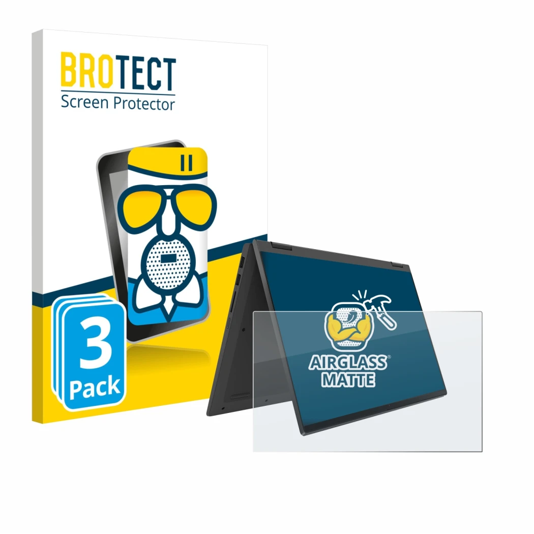 Front side of a product packaging with the brand logo BROTECT. Next to it is the device Lenovo IdeaPad Flex 5 14ALC05 shown wi