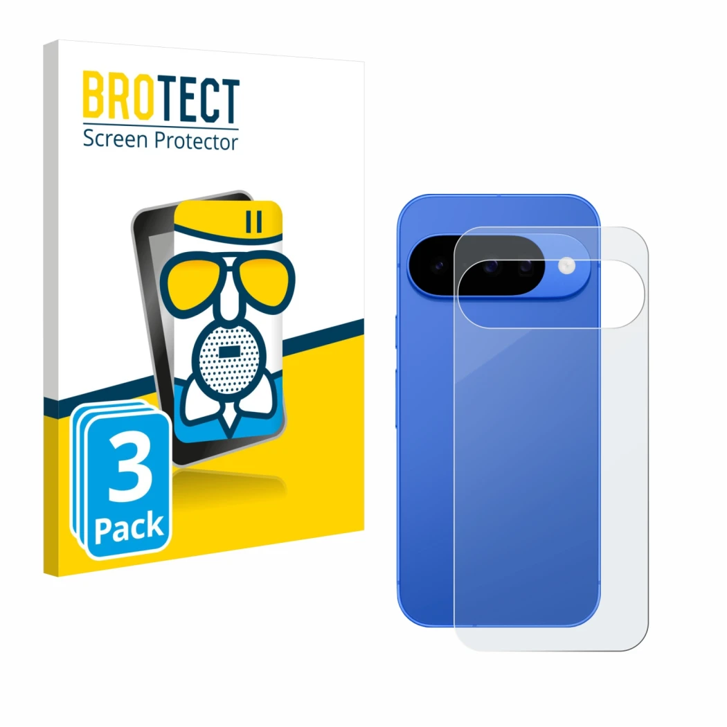 Front side of a product packaging with the brand logo BROTECT. Next to it is the device Google Pixel 10 (Back) shown with the 
