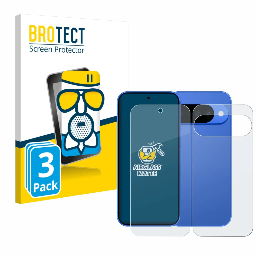Front side of a product packaging with the brand logo BROTECT. Next to it is the device Google Pixel 10 (Front+Back) shown wit