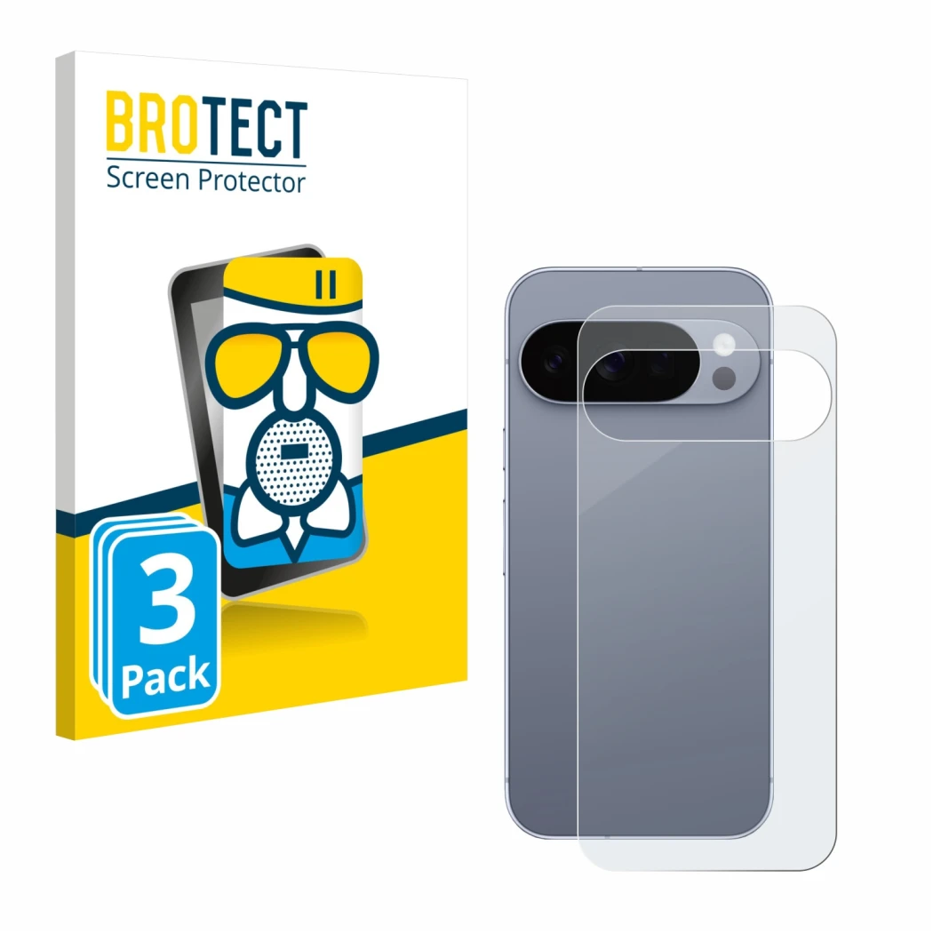 Front side of a product packaging with the brand logo BROTECT. Next to it is the device Google Pixel 10 Pro (Back) shown with 
