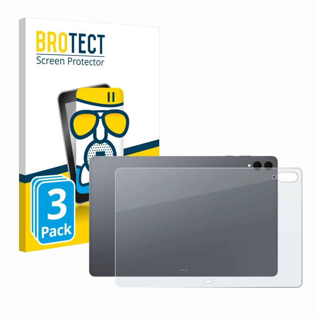 Front side of a product packaging with the brand logo BROTECT. Next to it is the device Samsung Galaxy Tab S11 Ultra (Back) sh