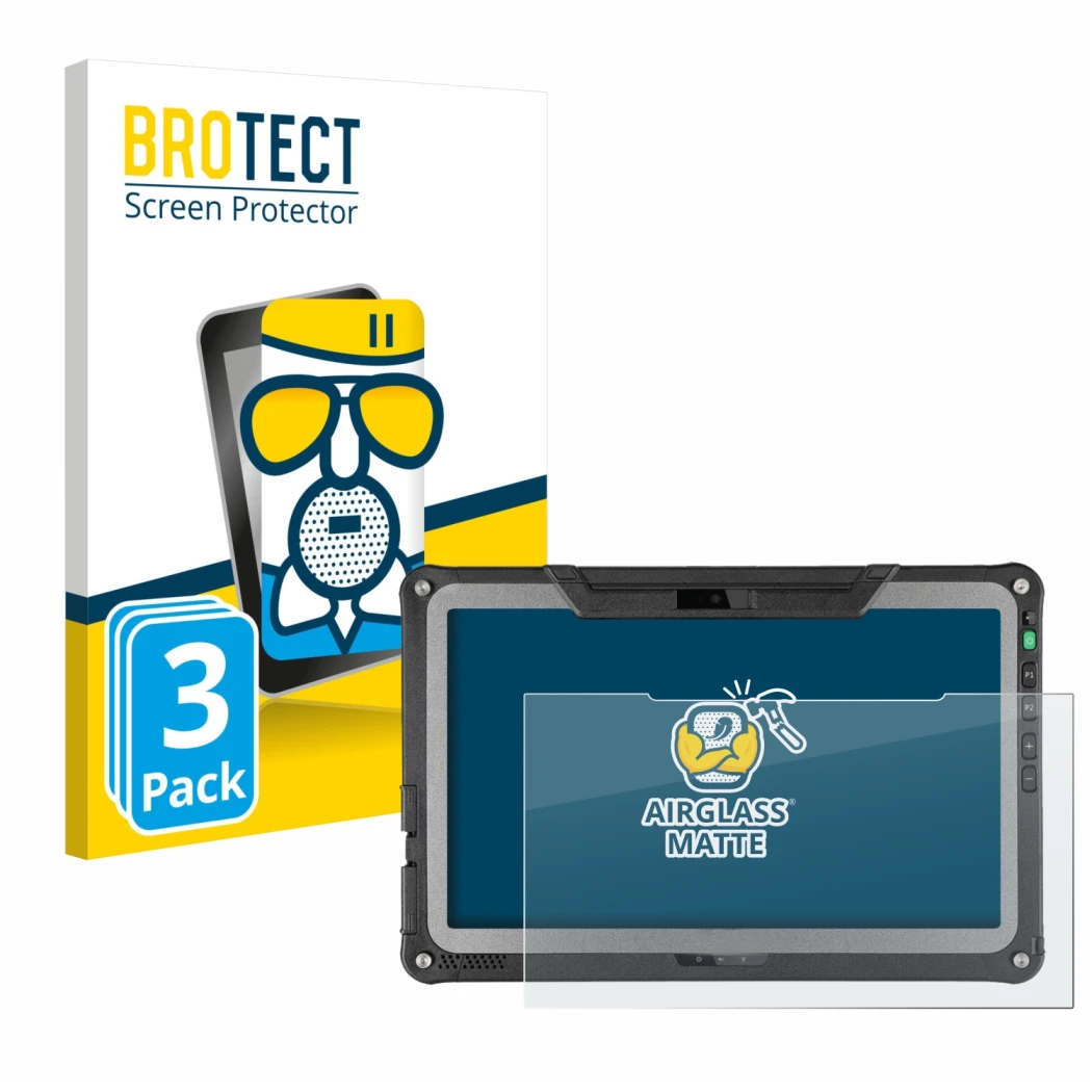 Front side of a product packaging with the brand logo BROTECT. Next to it is the device Getac F110 G7 shown with the correspon