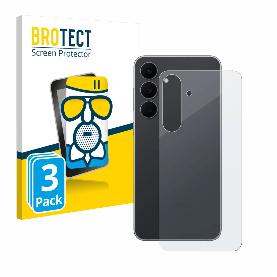 Front side of a product packaging with the brand logo BROTECT. Next to it is the device Samsung Galaxy S25 FE (Back) shown wit