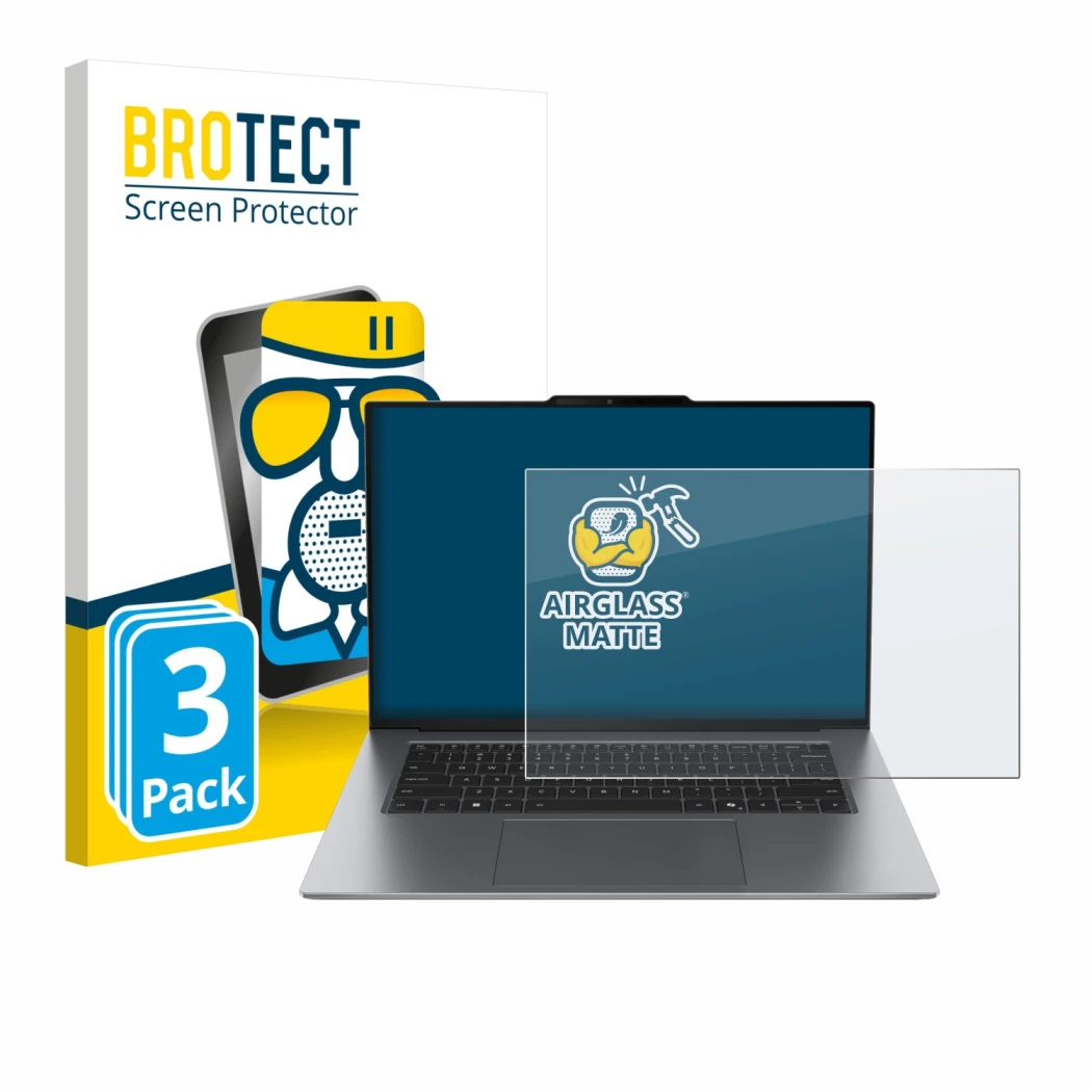 Front side of a product packaging with the brand logo BROTECT. Next to it is the device Lenovo ThinkPad X9 14 G1 shown with th