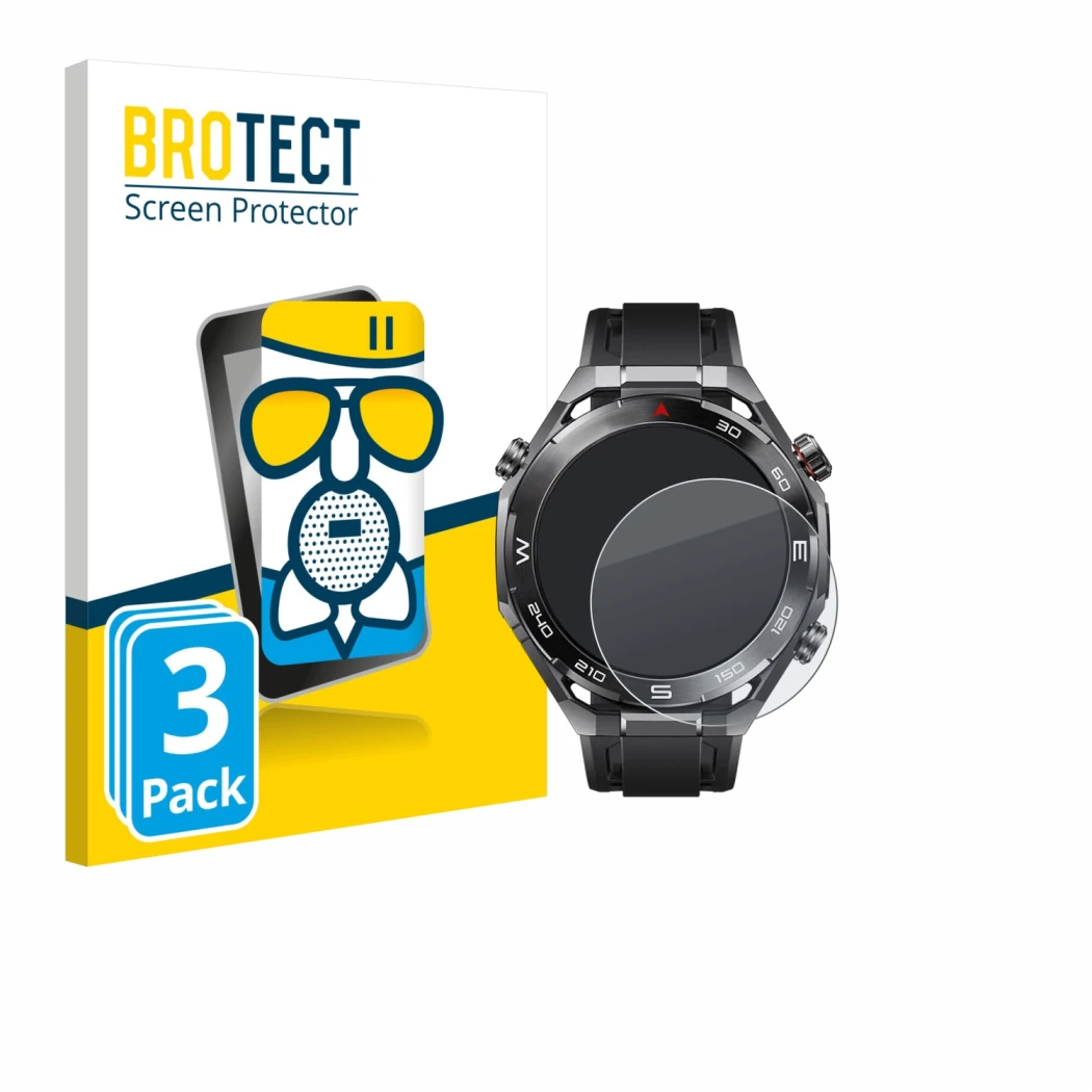Front side of a product packaging with the brand logo BROTECT. Next to it is the device Huawei Watch Ultimate 2 Black shown wi