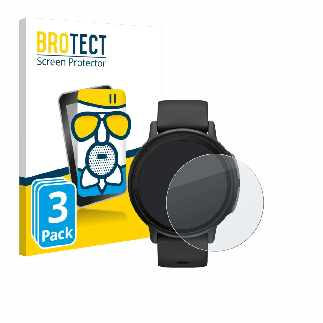 Front side of a product packaging with the brand logo BROTECT. Next to it is the device Garmin Bounce 2 shown with the corresp