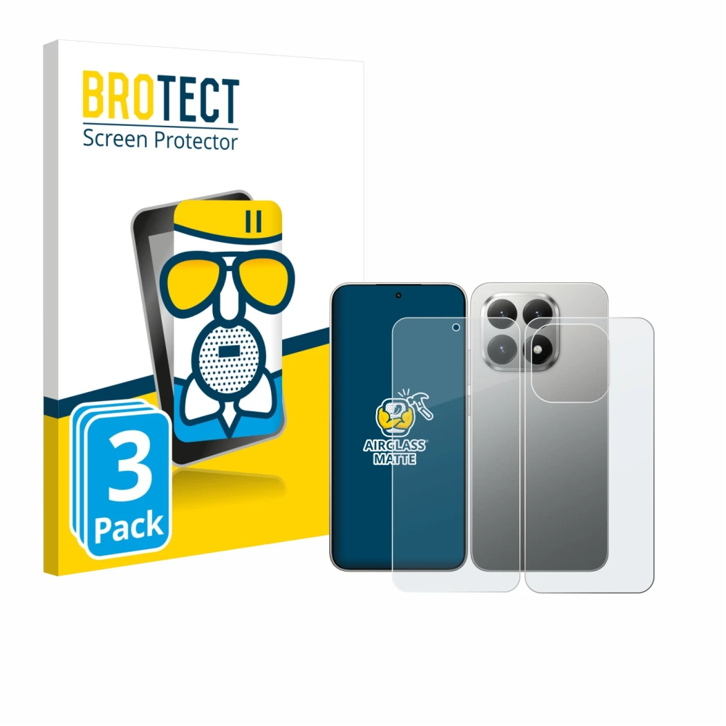 Front side of a product packaging with the brand logo BROTECT. Next to it is the device Xiaomi 15T (Front+Back) shown with the