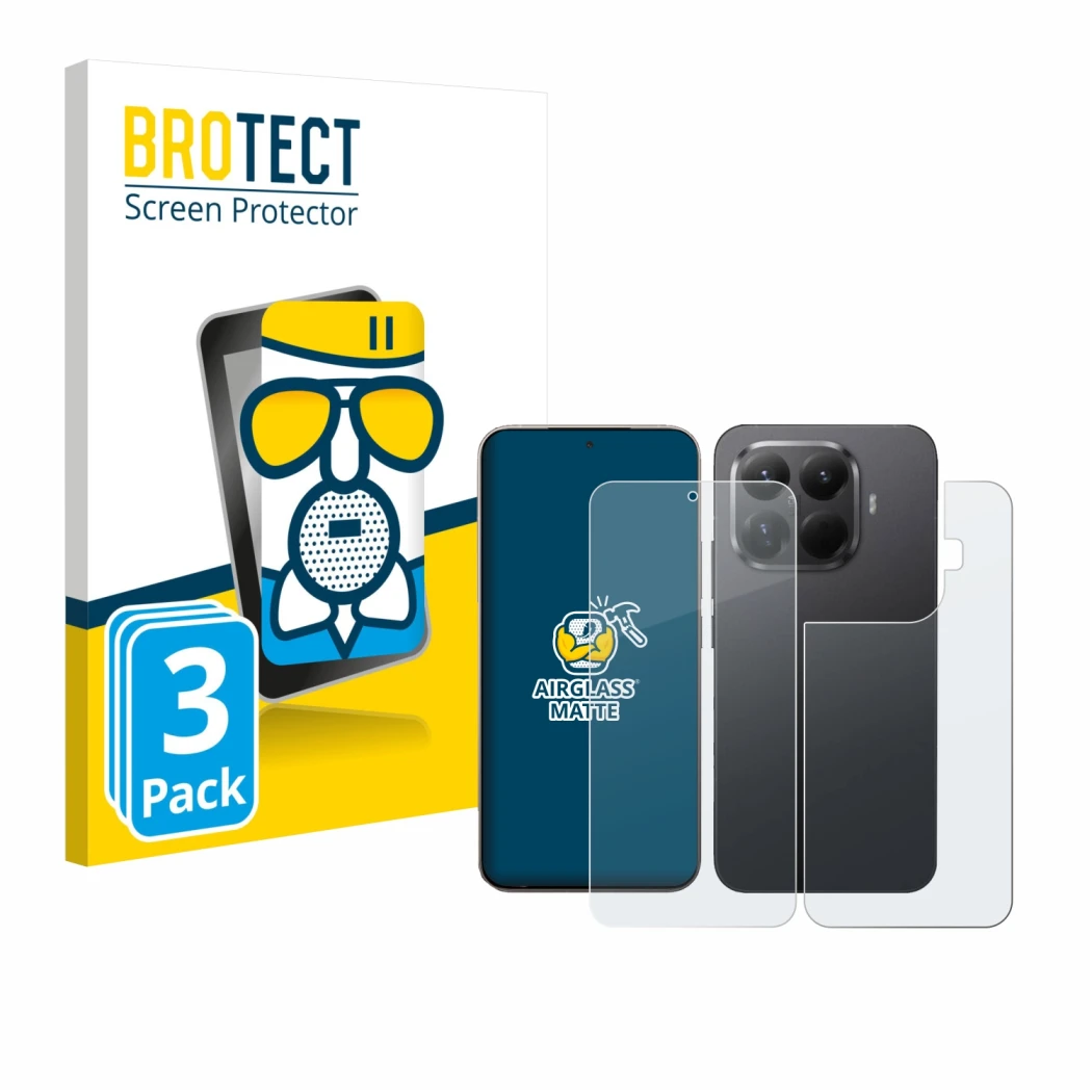 Front side of a product packaging with the brand logo BROTECT. Next to it is the device Xiaomi 15T Pro (Front+Back) shown with