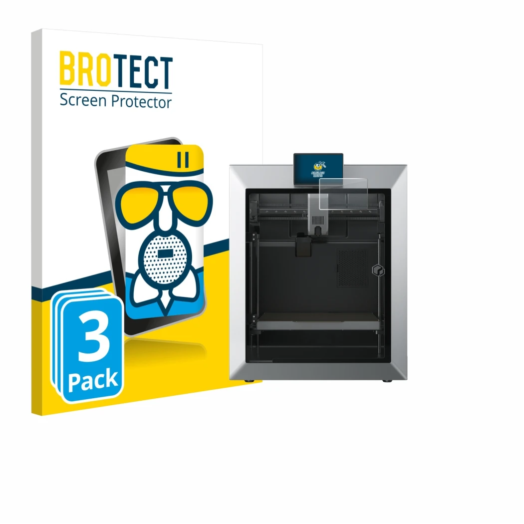 Front side of a product packaging with the brand logo BROTECT. Next to it is the device Qidi Tech Q2 shown with the correspond