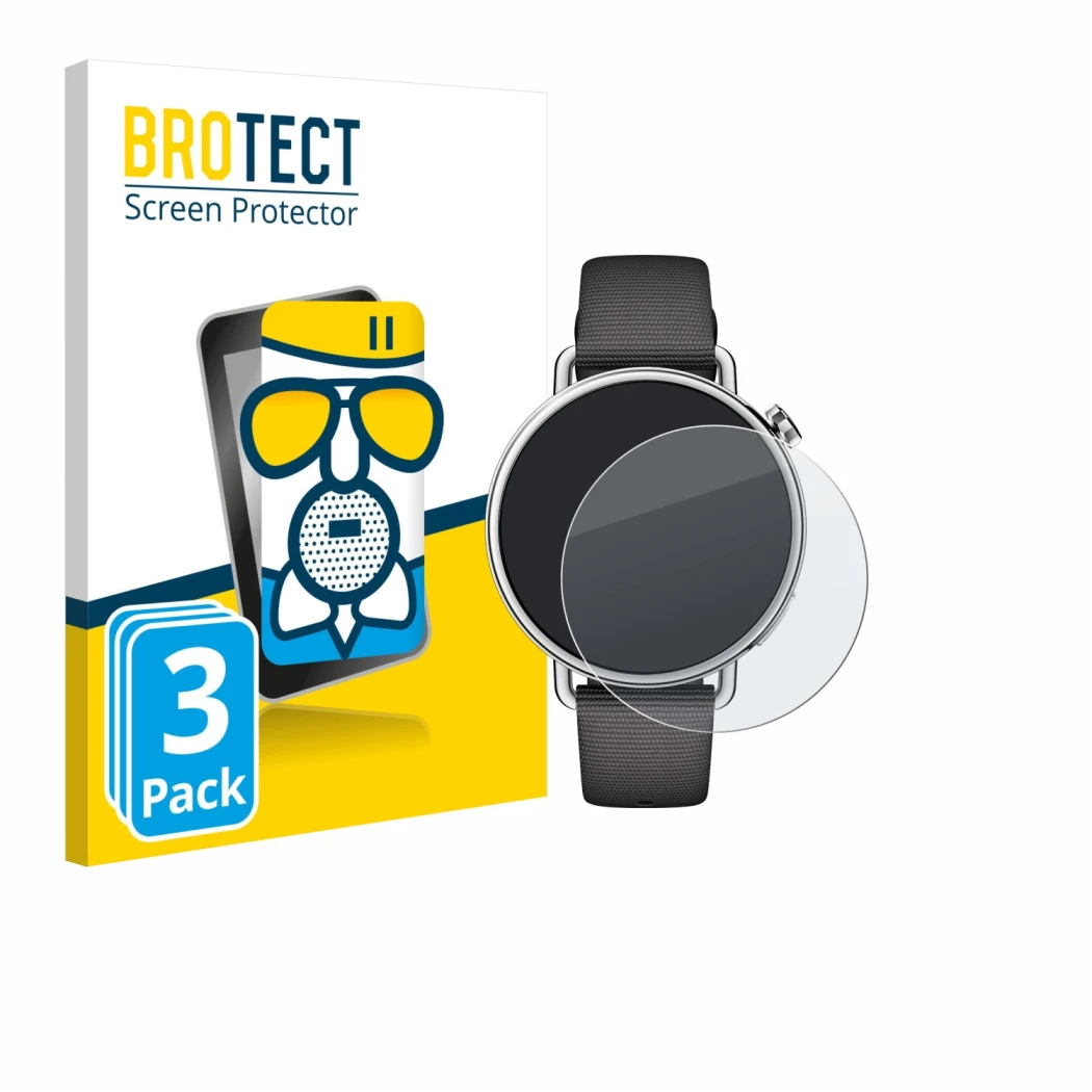 Front side of a product packaging with the brand logo BROTECT. Next to it is the device Xiaomi Watch S4 (41 mm) shown with the