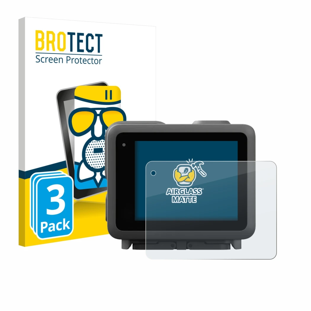 Front side of a product packaging with the brand logo BROTECT. Next to it is the device GoPro Lit Hero shown with the correspo