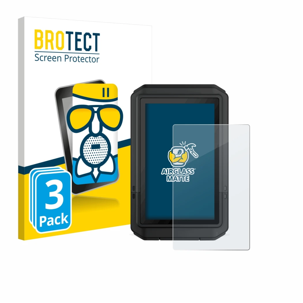 Front side of a product packaging with the brand logo BROTECT. Next to it is the device Garmin eTrex Touch 2025 shown with the