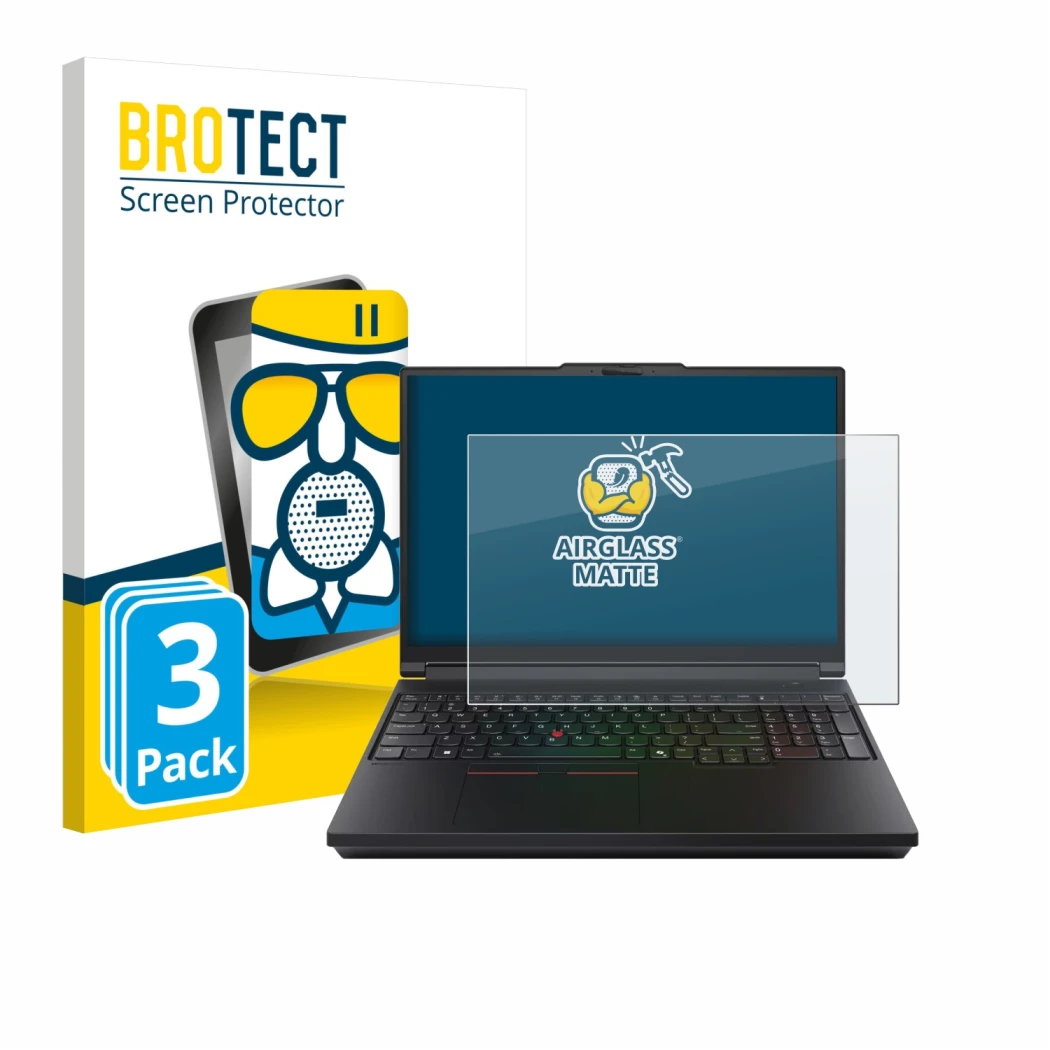 Front side of a product packaging with the brand logo BROTECT. Next to it is the device Lenovo ThinkPad P16 Gen 3 shown with t