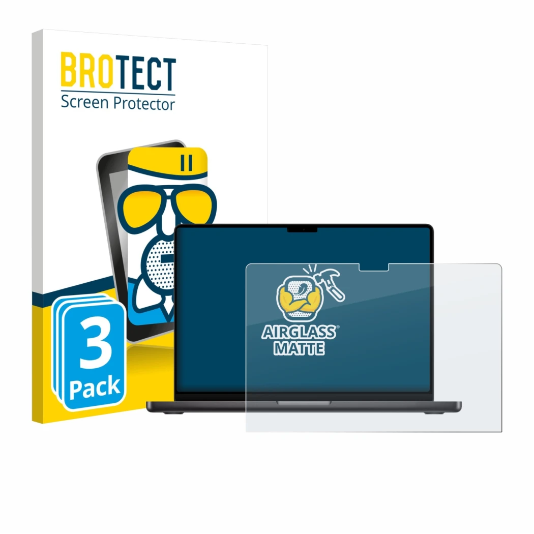 Front side of a product packaging with the brand logo BROTECT. Next to it is the device Apple MacBook Pro 14