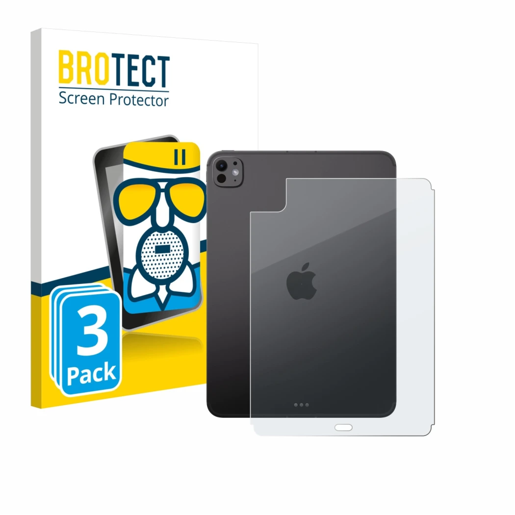 Front side of a product packaging with the brand logo BROTECT. Next to it is the device Apple iPad Pro 11