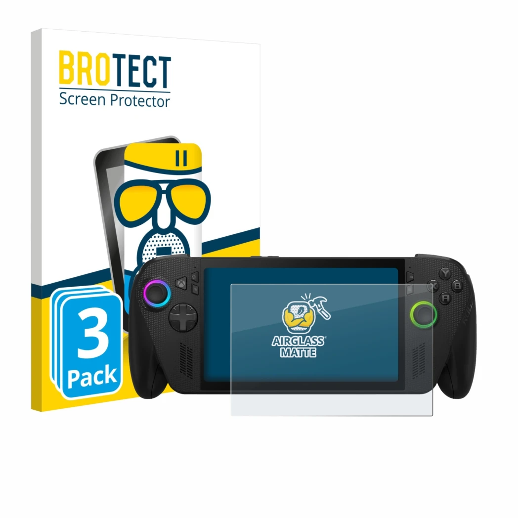 Front side of a product packaging with the brand logo BROTECT. Next to it is the device ASUS ROG Xbox Ally X shown with the co