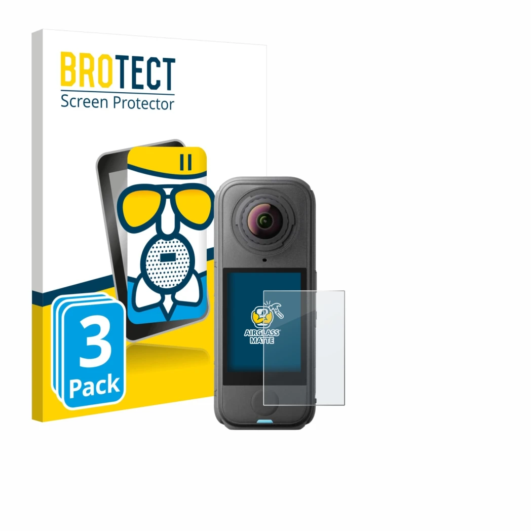 Front side of a product packaging with the brand logo BROTECT. Next to it is the device Insta360 X4 Air shown with the corresp