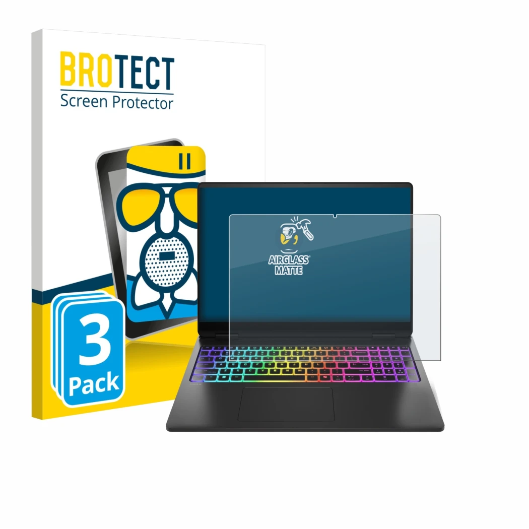 Front side of a product packaging with the brand logo BROTECT. Next to it is the device HP Omen Max 16 shown with the correspo