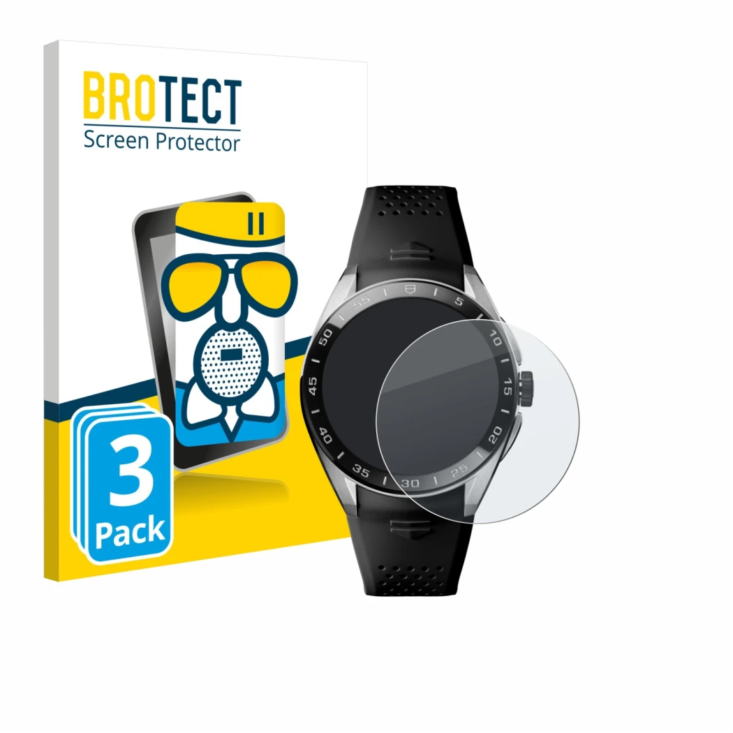 Front side of a product packaging with the brand logo BROTECT. Next to it is the device TAG Heuer Connected Calibre E5 (45 mm)