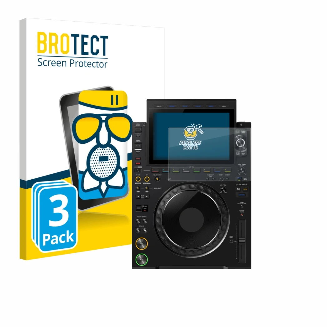 Front side of a product packaging with the brand logo BROTECT. Next to it is the device Pioneer CDJ 3000X shown with the corre