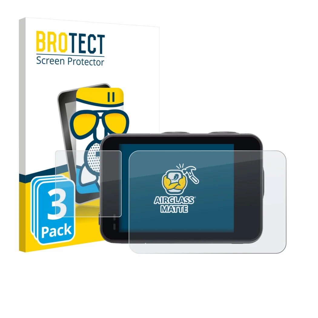 Front side of a product packaging with the brand logo BROTECT. Next to it is the device Akaso Brave 7 shown with the correspon