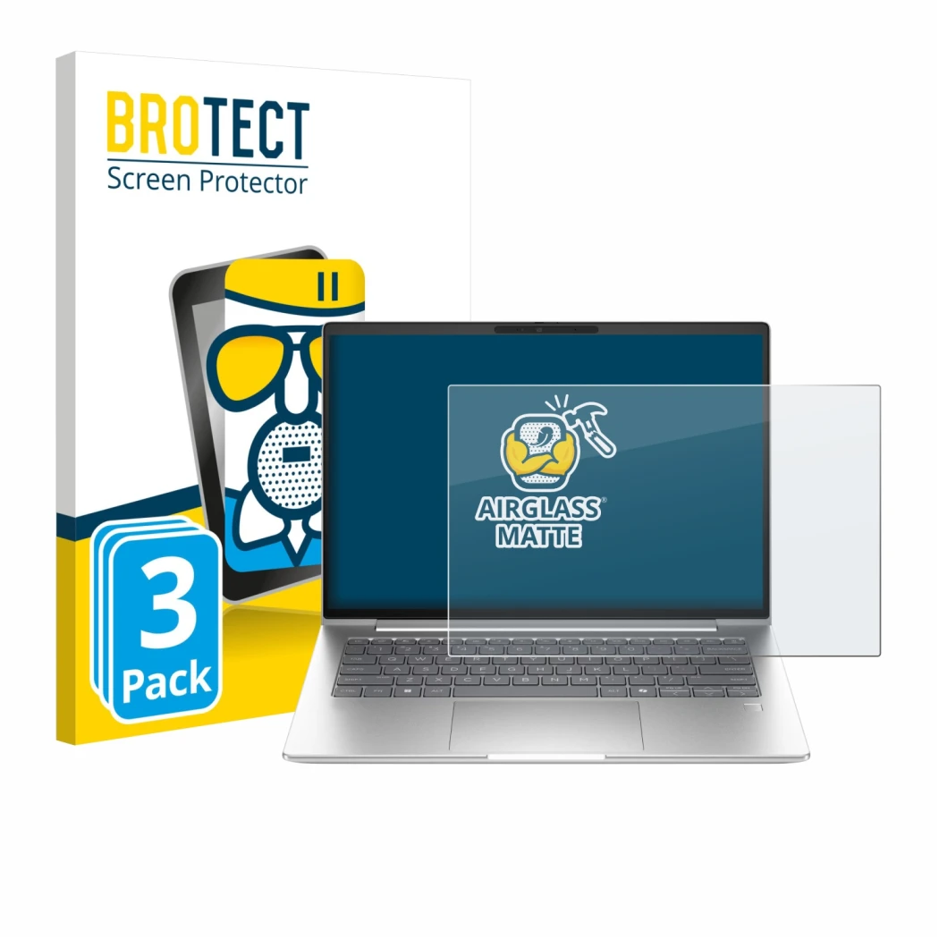 Front side of a product packaging with the brand logo BROTECT. Next to it is the device HP ProBook 4 G1a 14