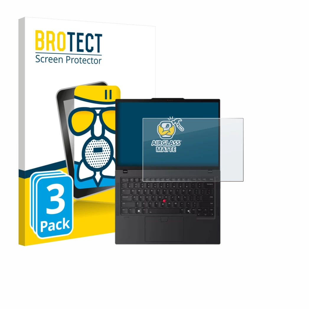Front side of a product packaging with the brand logo BROTECT. Next to it is the device Lenovo ThinkPad P14s Gen 6 14.5