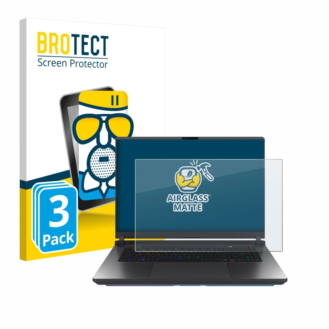 Front side of a product packaging with the brand logo BROTECT. Next to it is the device ASUS ROG Strix G16 2025 shown with the