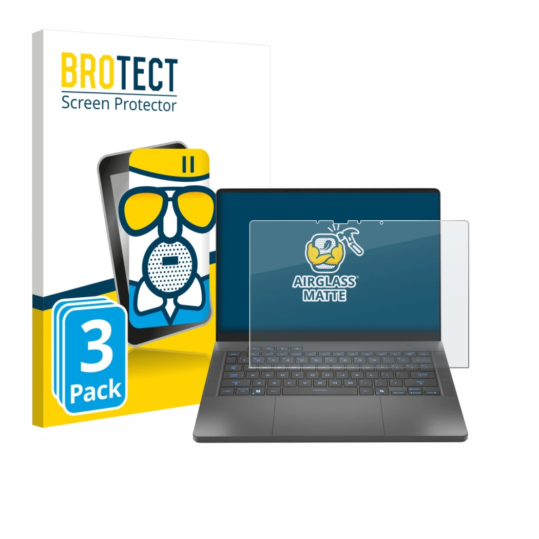 Front side of a product packaging with the brand logo BROTECT. Next to it is the device ASUS ROG Zephyrus G14 2025 GA403 shown