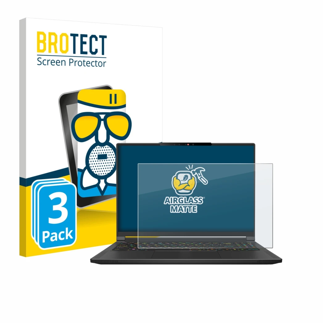 Front side of a product packaging with the brand logo BROTECT. Next to it is the device MSI Stealth A16 AI+ shown with the cor