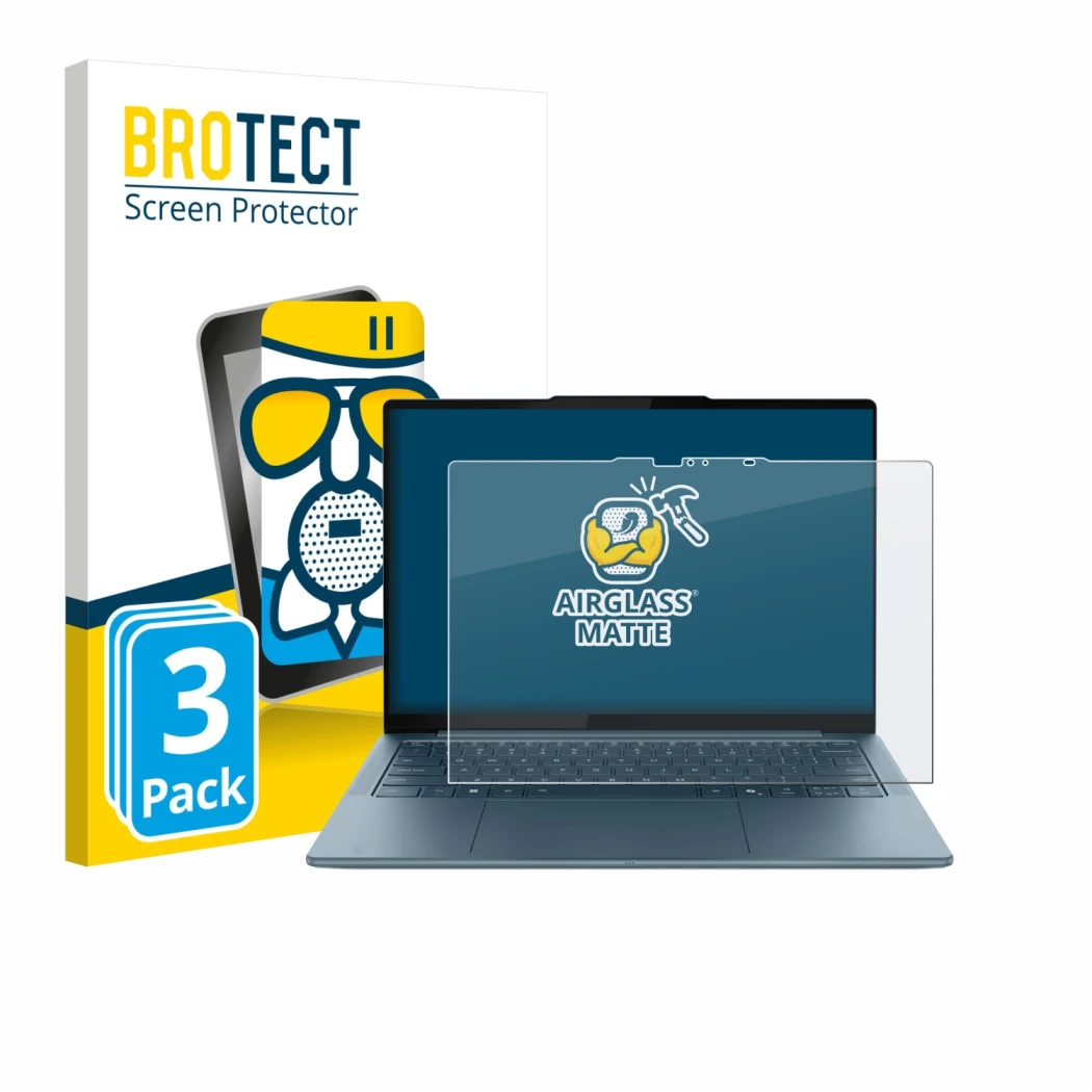 Front side of a product packaging with the brand logo BROTECT. Next to it is the device Lenovo Yoga Slim 7 Gen 10 14