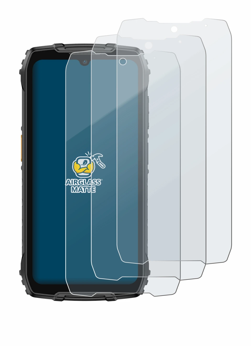 Image of the device Ulefone RugKing 4 Pro with a wide variety of screen protectors.