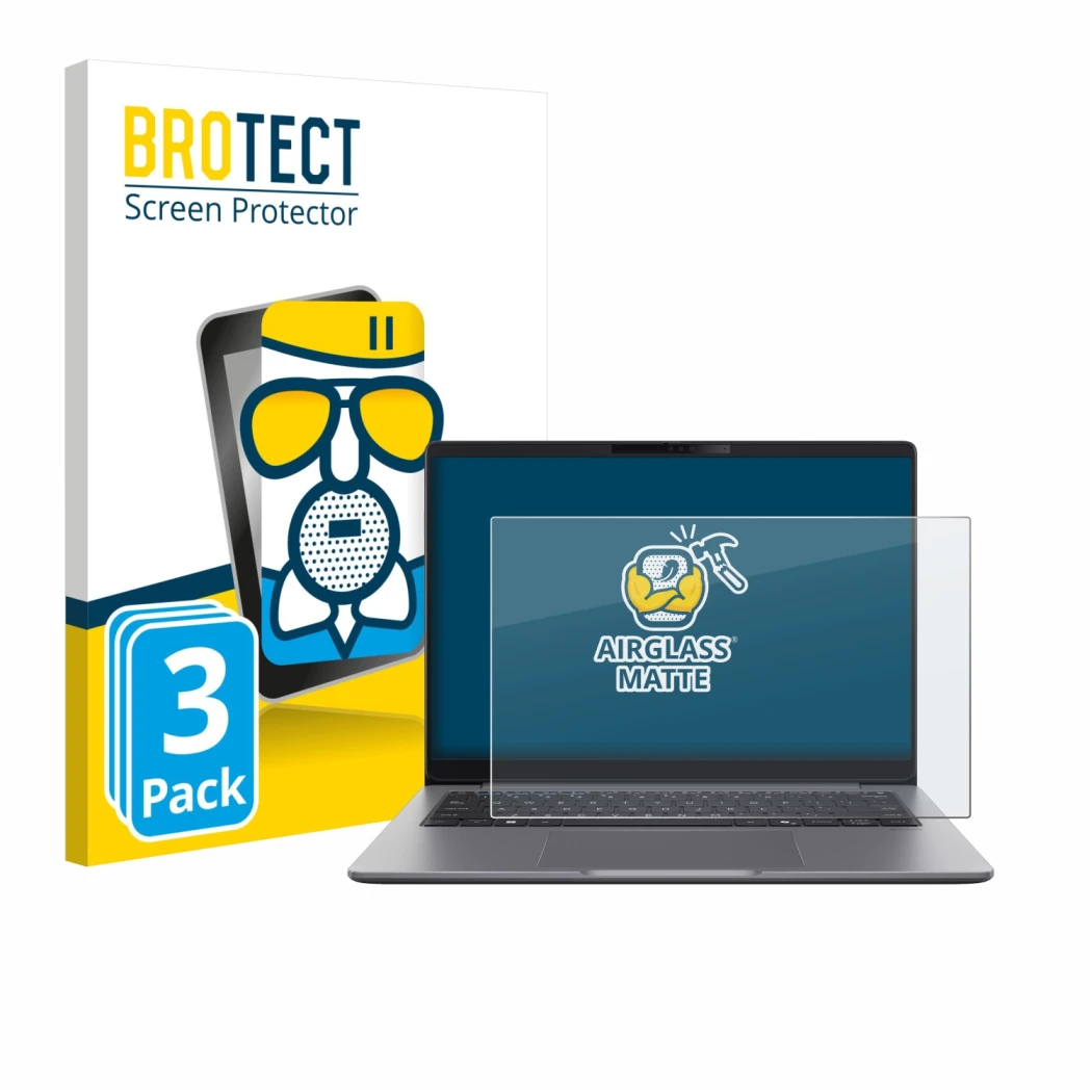 Front side of a product packaging with the brand logo BROTECT. Next to it is the device ASUS ExpertBook P5 G2 shown with the c