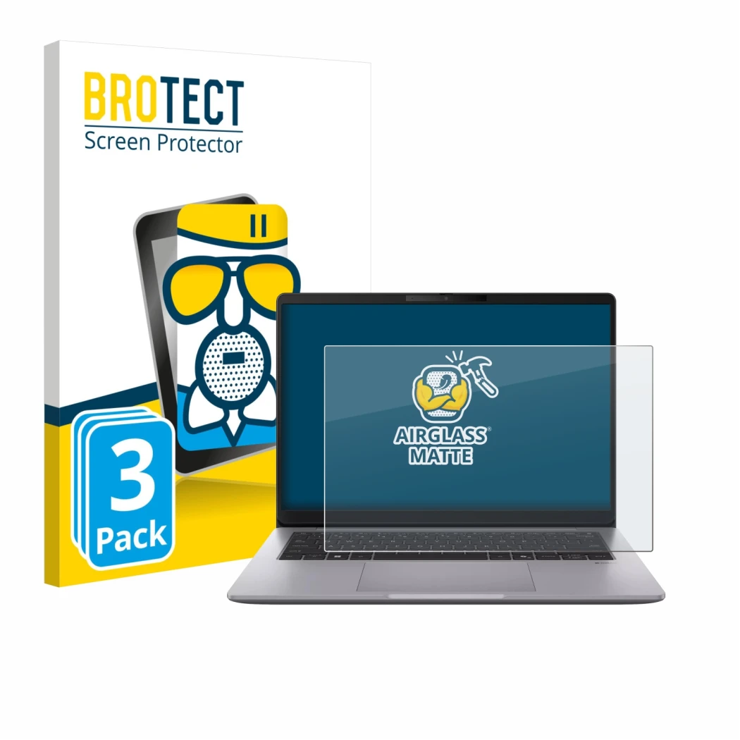 Front side of a product packaging with the brand logo BROTECT. Next to it is the device ASUS ExpertBook P3 G2 shown with the c