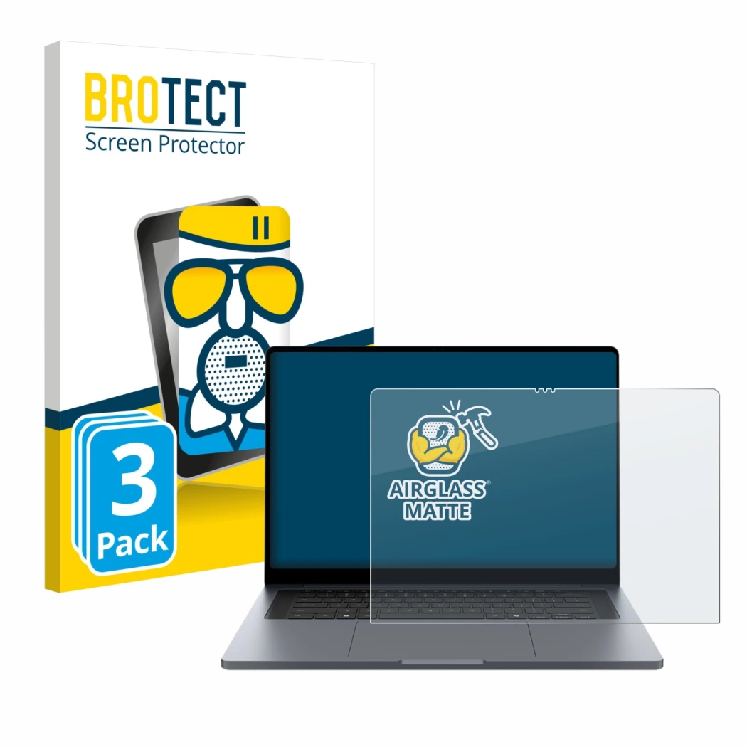 Front side of a product packaging with the brand logo BROTECT. Next to it is the device Samsung Galaxy Book6 Ultra 16