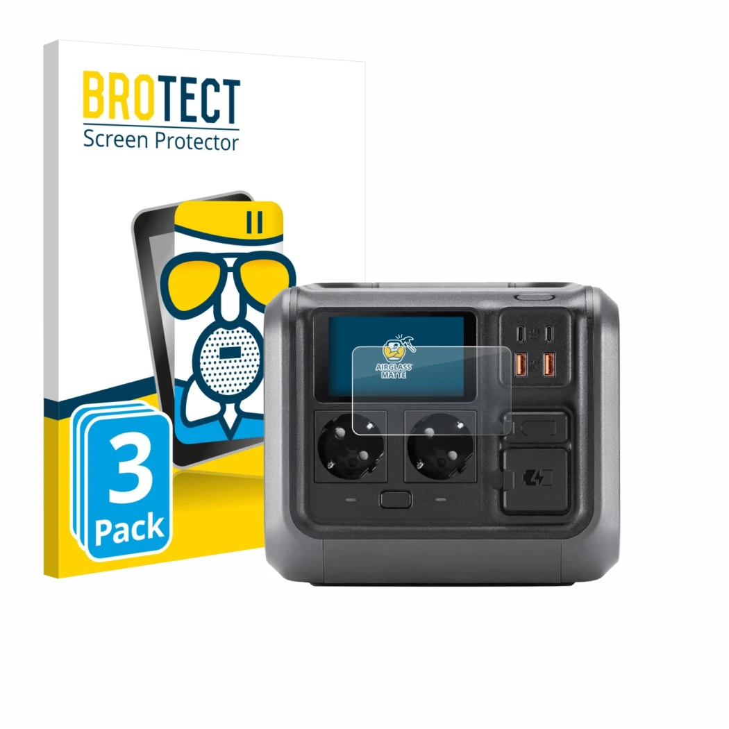 Front side of a product packaging with the brand logo BROTECT. Next to it is the device DJI Power 500 shown with the correspon