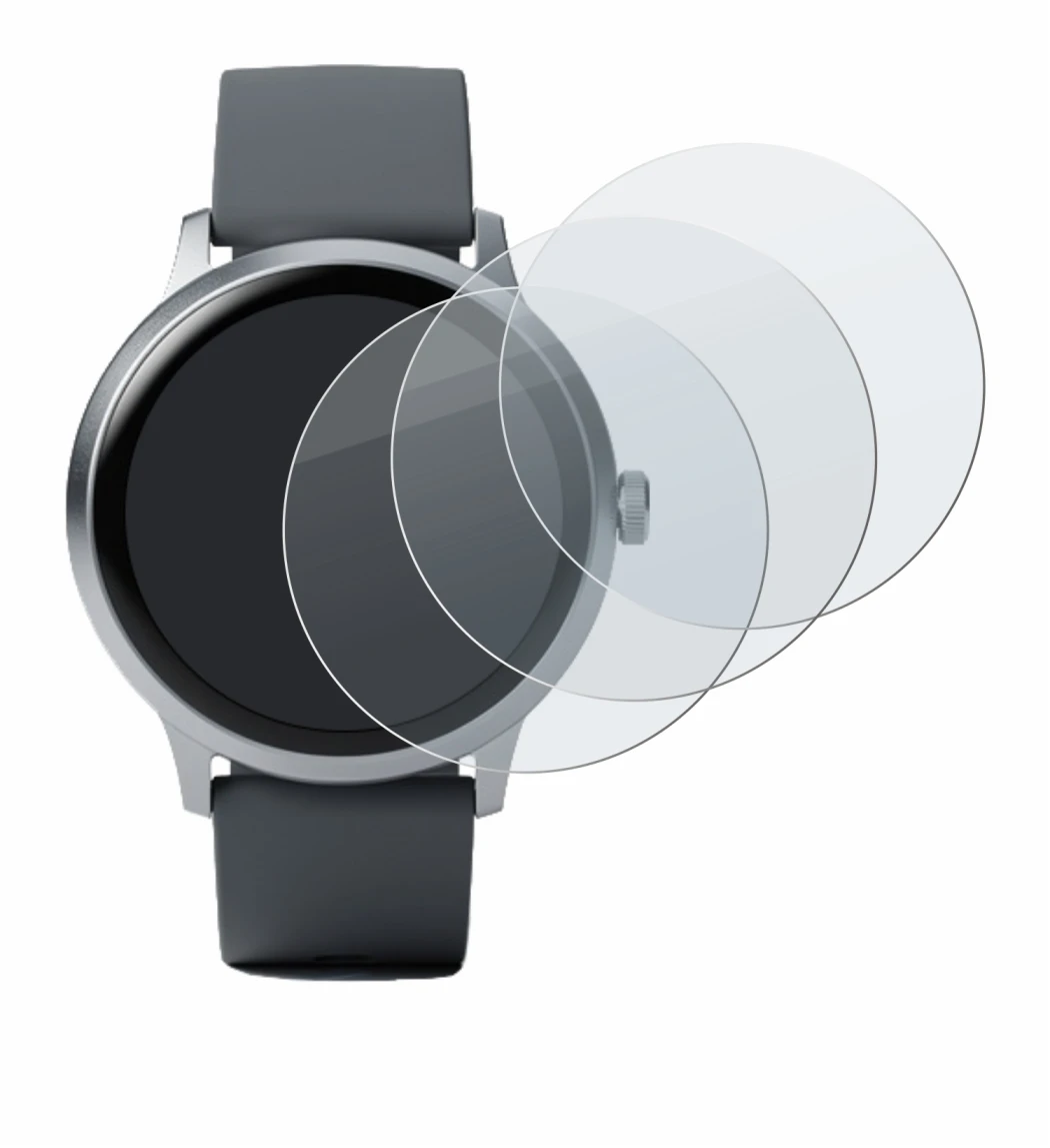 Image of the device Pebble Round 2 with a wide variety of screen protectors.