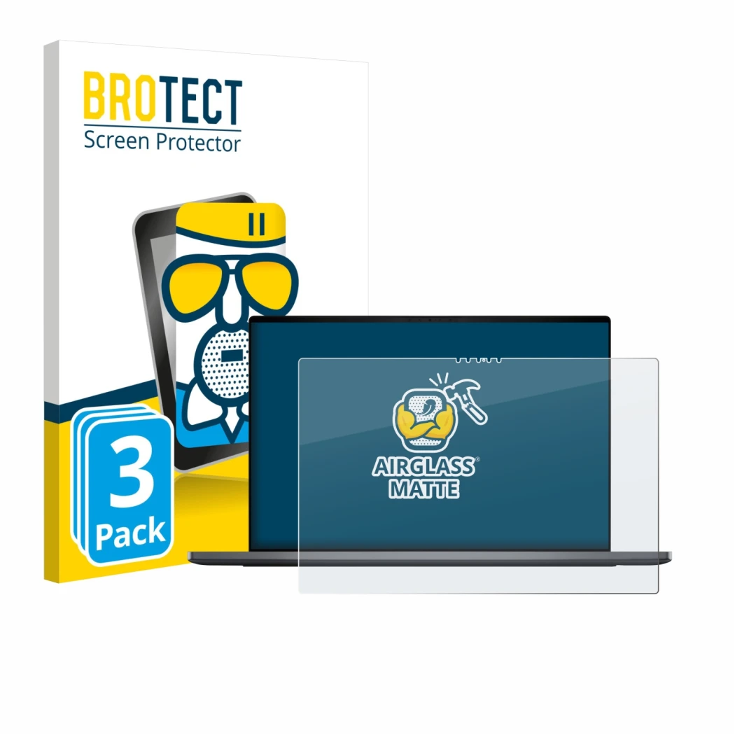 Front side of a product packaging with the brand logo BROTECT. Next to it is the device Dell XPS 16 DA16260 shown with the cor