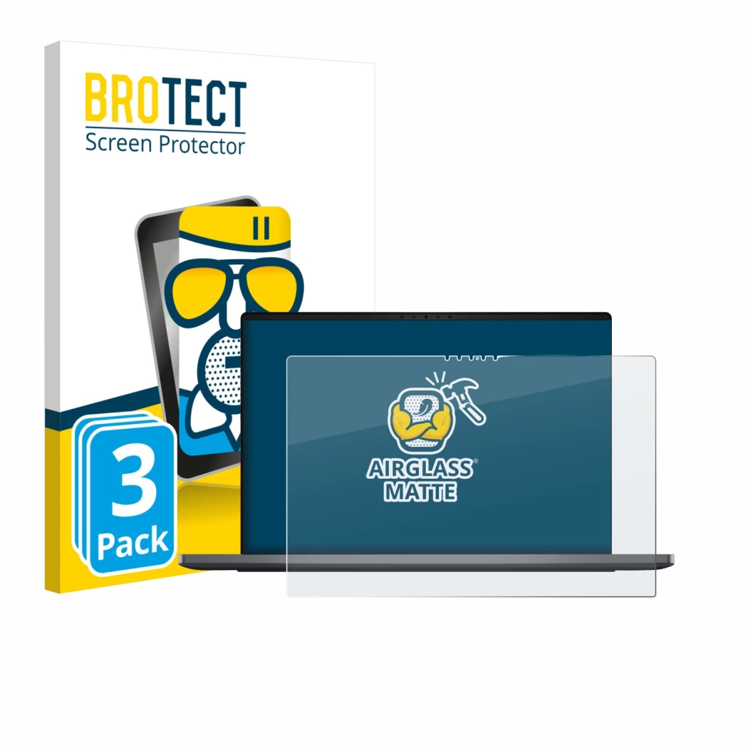 Front side of a product packaging with the brand logo BROTECT. Next to it is the device Dell XPS 14 DA14260 shown with the cor