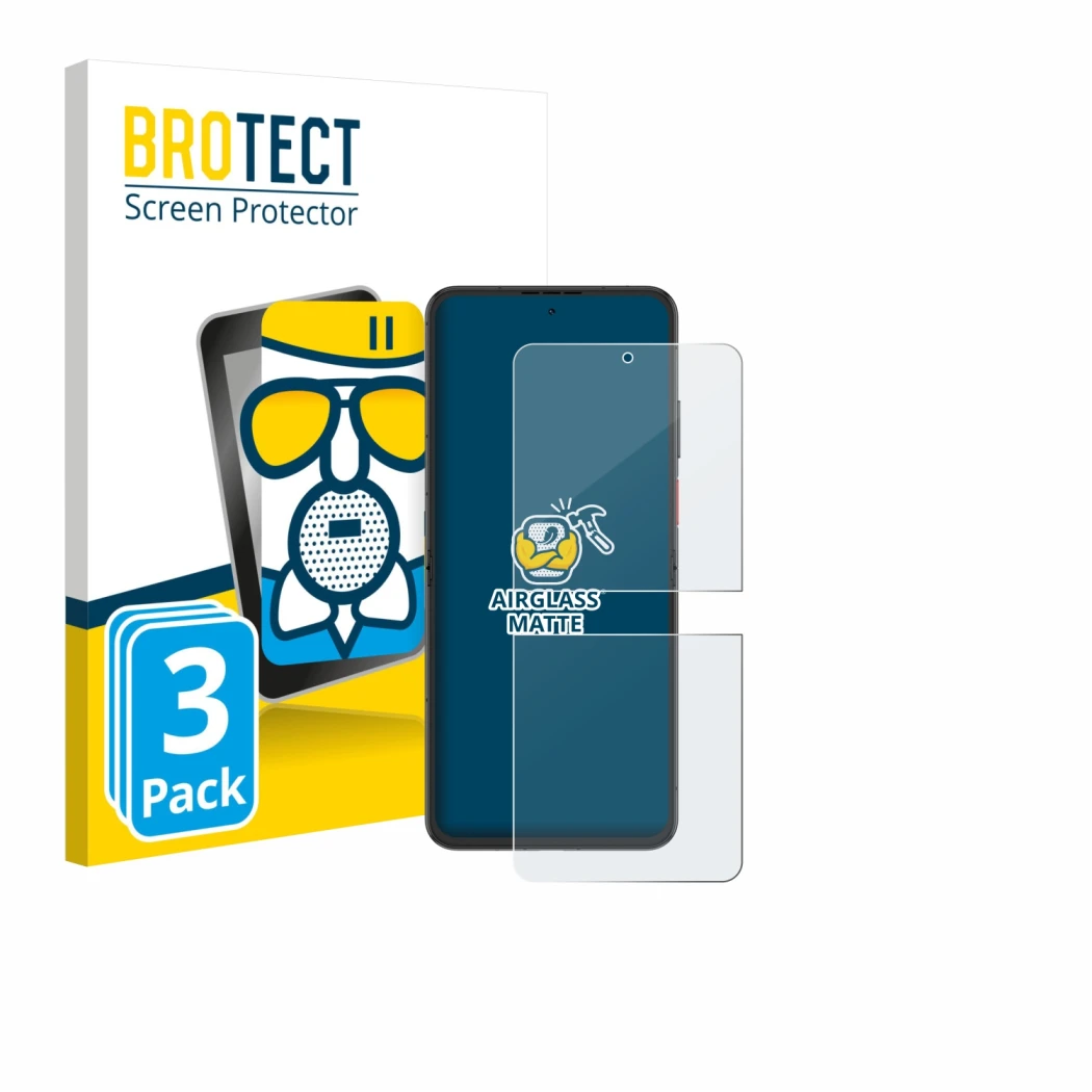 Front side of a product packaging with the brand logo BROTECT. Next to it is the device Nubia Flip 2 shown with the correspond