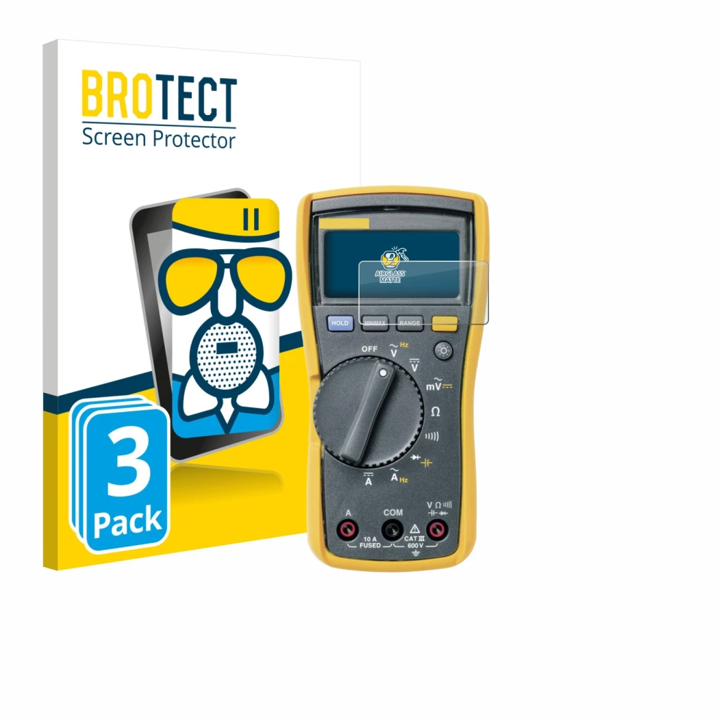 Front side of a product packaging with the brand logo BROTECT. Next to it is the device Fluke MultiMeter 115 shown with the co