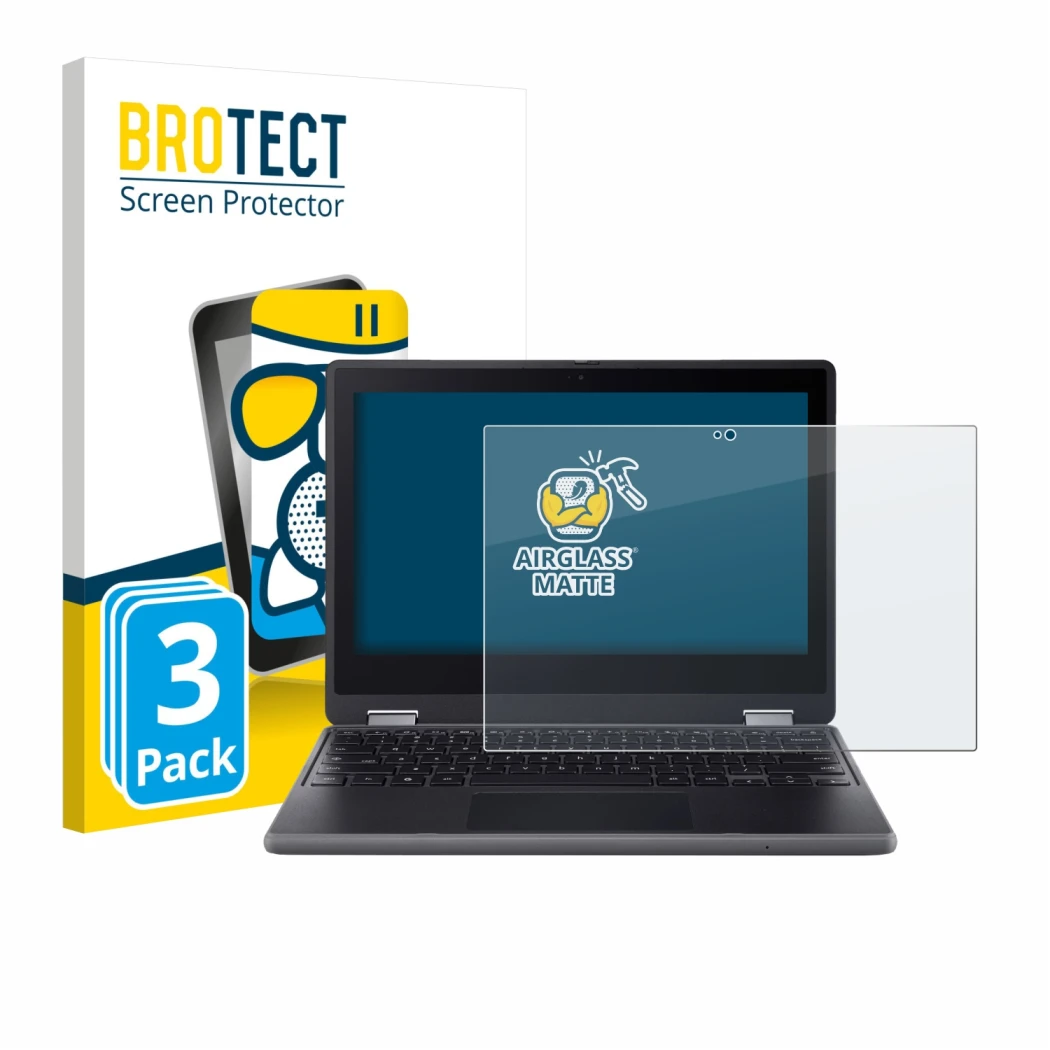Front side of a product packaging with the brand logo BROTECT. Next to it is the device Acer Chromebook Spin 511 R757TN shown 