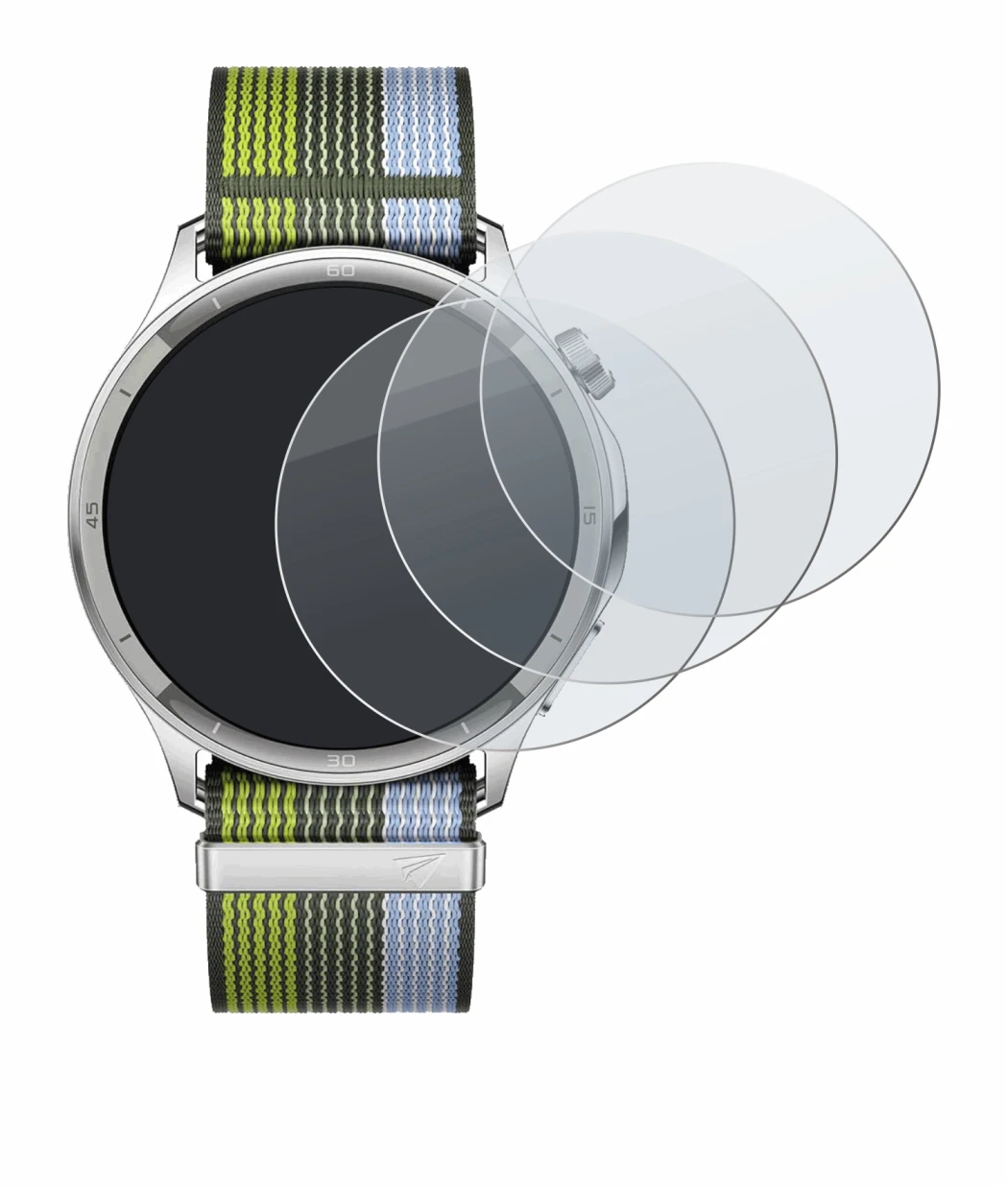 Image of the device Oppo Watch S with a wide variety of screen protectors.