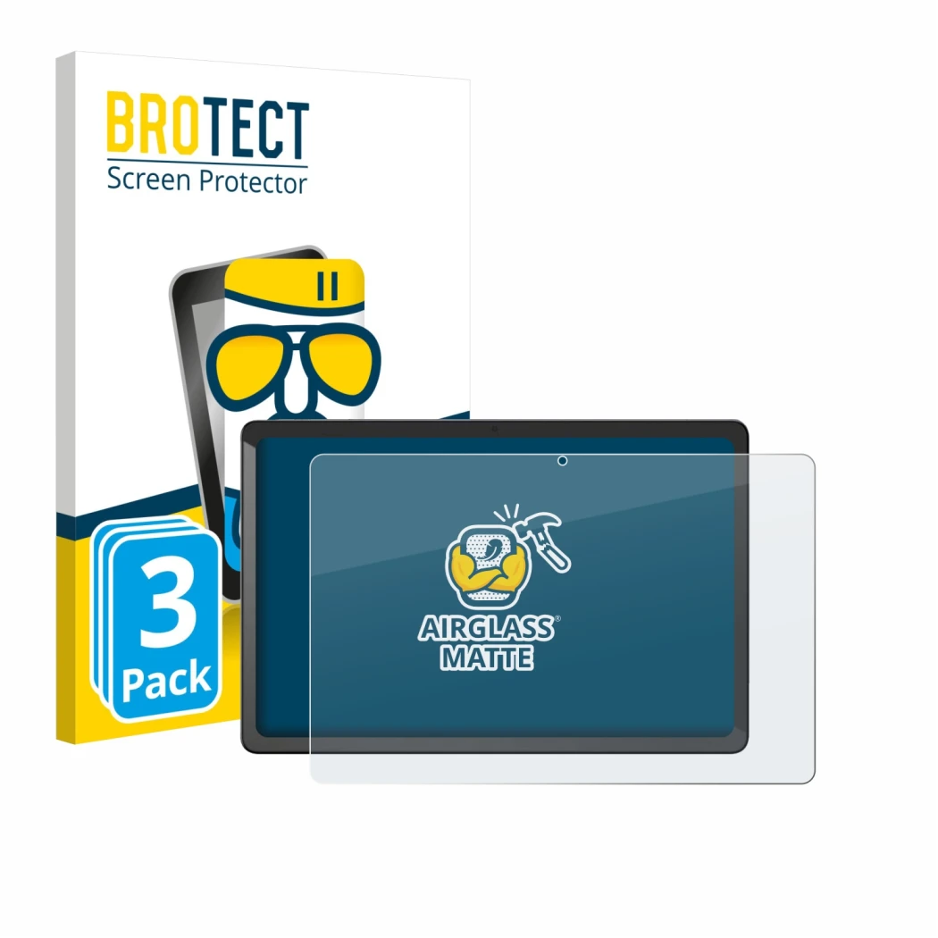 Front side of a product packaging with the brand logo BROTECT. Next to it is the device Chuwi AuPad shown with the correspondi
