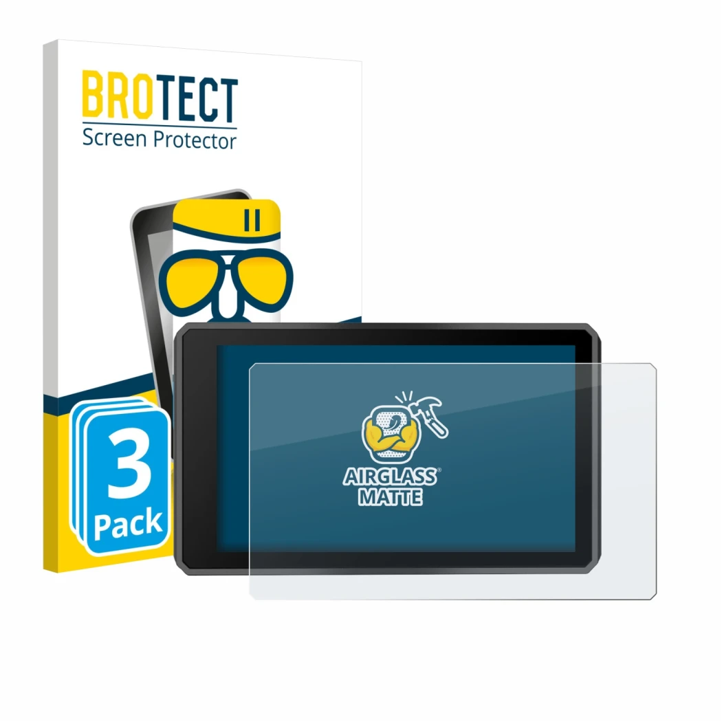 Front side of a product packaging with the brand logo BROTECT. Next to it is the device Garmin zumo XT3 4.7