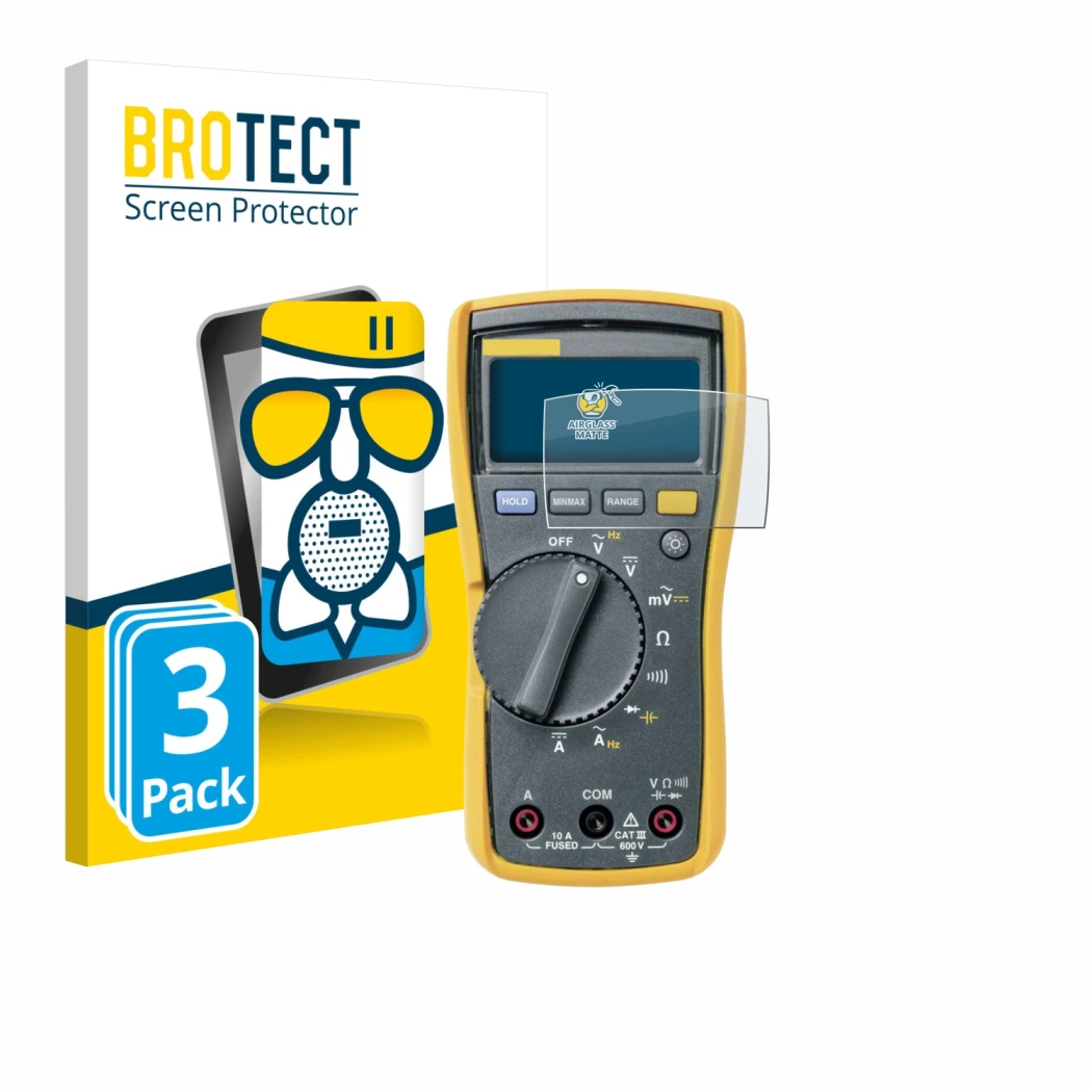 Front side of a product packaging with the brand logo BROTECT. Next to it is the device Fluke MultiMeter 113 shown with the co